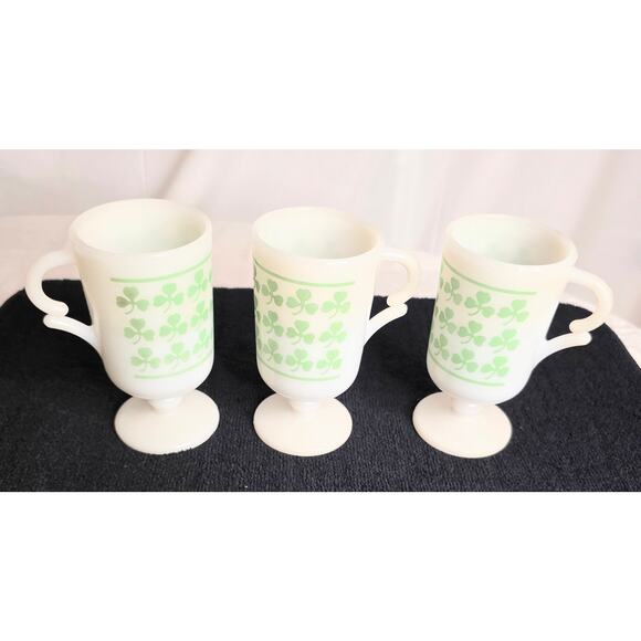 3 Vtg. Pedestal Milk Glass Mugs Green Shamrock Clover Decorative Handle 6 oz. - Picture 1 of 3